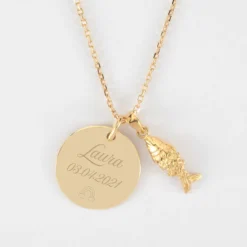 Outlet HappyBulle Pendentif personnalisé médaille gravée plaqué or 19 mm et breloque poisson articulé 15 mm
