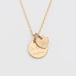 Clearance HappyBulle Pendentif personnalisé médaille gravée plaqué or 15 mm et breloque coeur 10 mm Plaqué or 18k