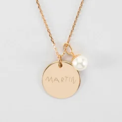 Hot HappyBulle Pendentif personnalisé médaille gravée plaqué or 19 mm et breloque perle nacre 10 mm Plaqué or 18k