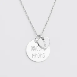 Sale HappyBulle Pendentif personnalisé médaille gravée argent 19 mm et breloque coeur 10 mm Argent rhodié 925