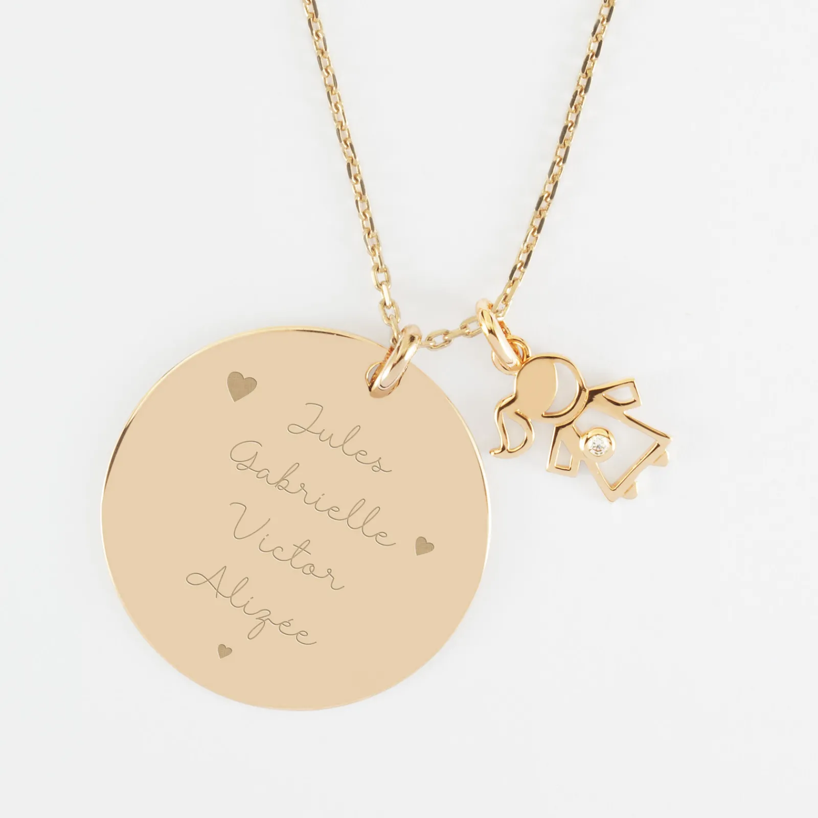 Clearance HappyBulle Pendentif personnalisé médaille gravée plaqué or 27 mm et breloque petite fille zircon 12 mm Plaqué or 18k