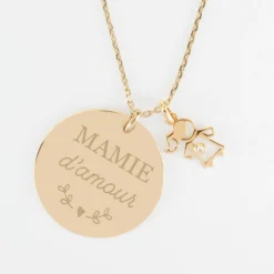 Clearance HappyBulle Pendentif personnalisé médaille gravée plaqué or 27 mm et breloque petite fille zircon 12 mm Plaqué or 18k