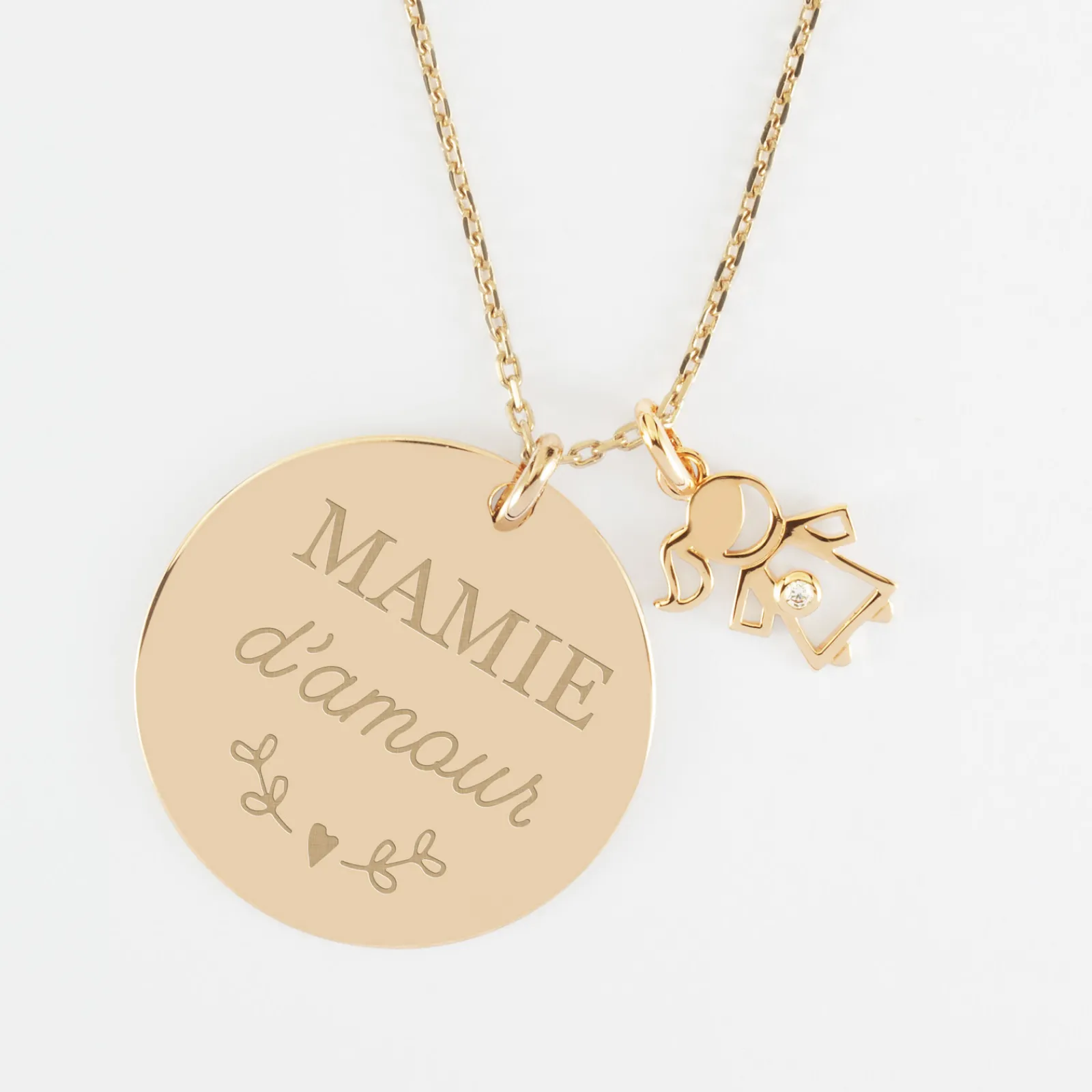 Clearance HappyBulle Pendentif personnalisé médaille gravée plaqué or 27 mm et breloque petite fille zircon 12 mm Plaqué or 18k