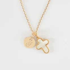 Sale HappyBulle Pendentif personnalisé médaille gravée plaqué or 10 mm et breloque croix nacre 16 mm