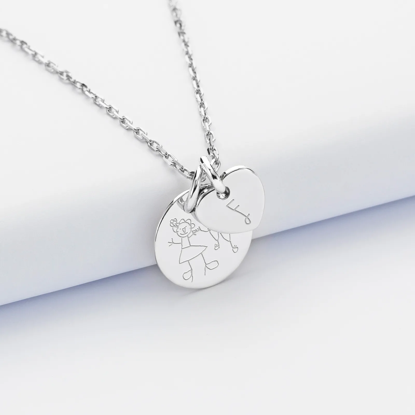 HappyBulle Pendentif personnalisé médaille gravée argent 15 mm et breloque coeur 10 mm Argent rhodié 925
