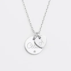 HappyBulle Pendentif personnalisé médaille gravée argent 15 mm et breloque coeur 10 mm Argent rhodié 925