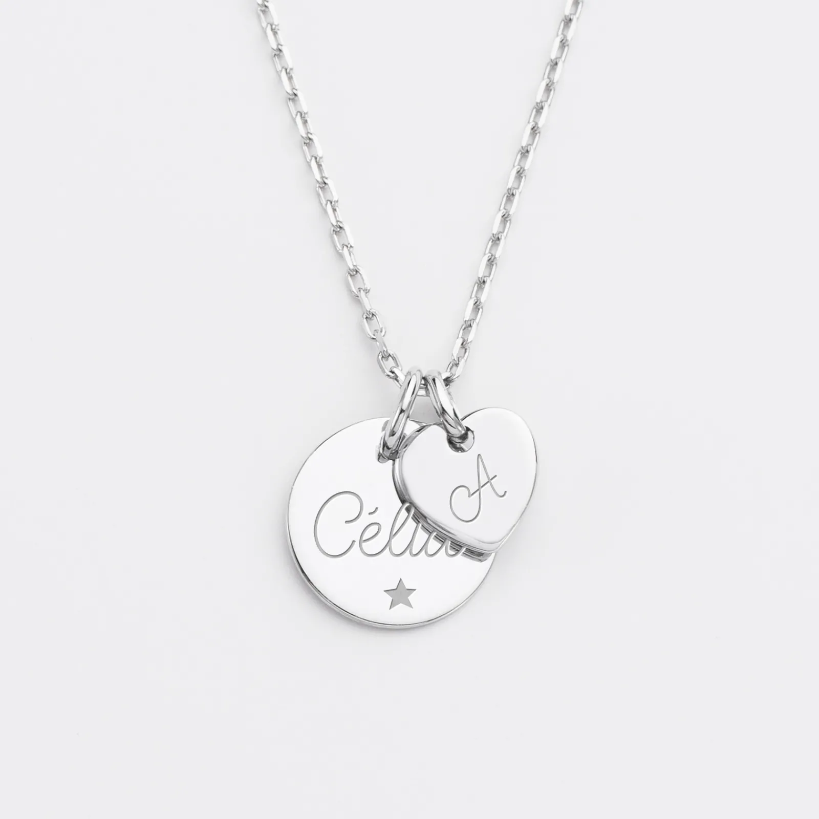 HappyBulle Pendentif personnalisé médaille gravée argent 15 mm et breloque coeur 10 mm Argent rhodié 925