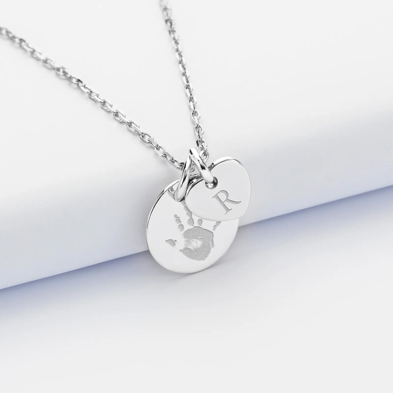 HappyBulle Pendentif personnalisé médaille gravée argent 15 mm et breloque coeur 10 mm Argent rhodié 925
