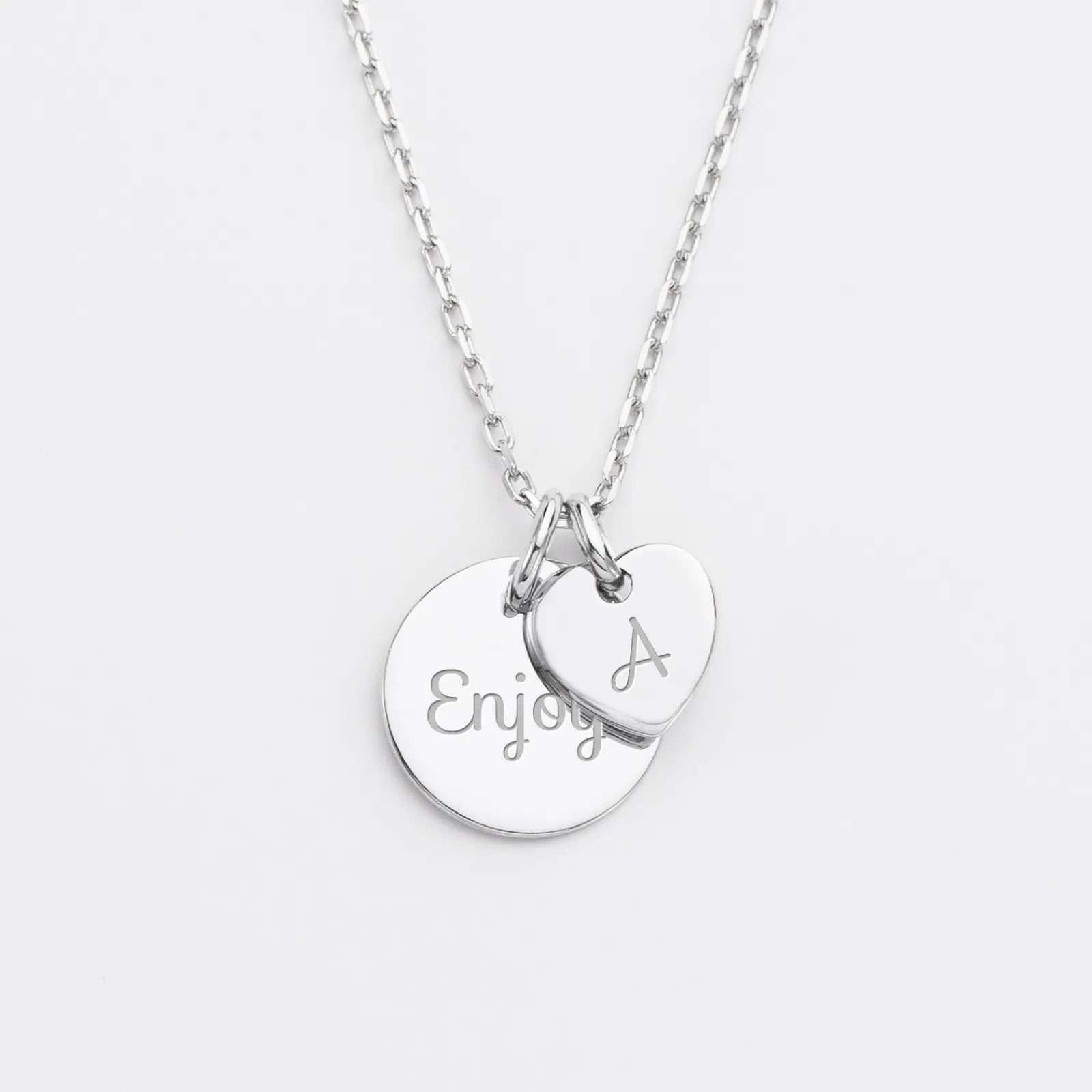 HappyBulle Pendentif personnalisé médaille gravée argent 15 mm et breloque coeur 10 mm Argent rhodié 925