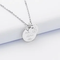 HappyBulle Pendentif personnalisé médaille gravée argent 15 mm et breloque coeur 10 mm Argent rhodié 925