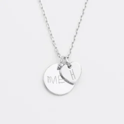 HappyBulle Pendentif personnalisé médaille gravée argent 15 mm et breloque coeur 10 mm Argent rhodié 925