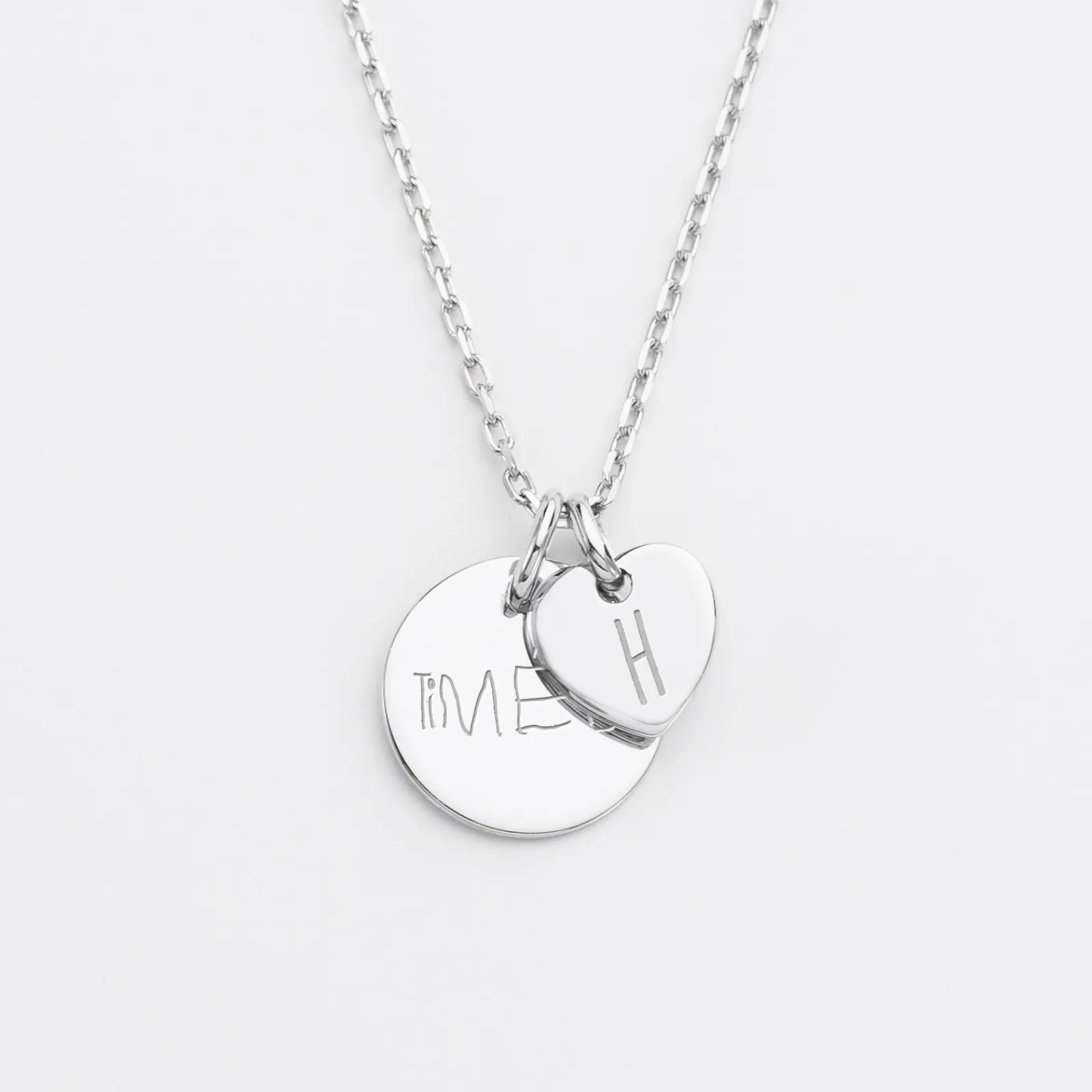 HappyBulle Pendentif personnalisé médaille gravée argent 15 mm et breloque coeur 10 mm Argent rhodié 925