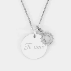 Best HappyBulle Pendentif personnalisé médaille gravée argent 19 mm et breloque soleil 10 mm Argent rhodié 925