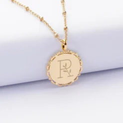 Sale HappyBulle Pendentif personnalisé médaille vintage dentelée gravée plaqué or 17 mm Plaqué or 18k