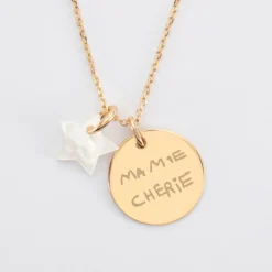 Best HappyBulle Pendentif personnalisé médaille gravée plaqué or 19 mm et breloque nacre 10 mm Plaqué or 18k