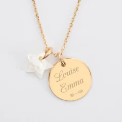 Best HappyBulle Pendentif personnalisé médaille gravée plaqué or 19 mm et breloque nacre 10 mm Plaqué or 18k