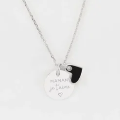 HappyBulle Pendentif personnalisé médaille gravée argent 15 mm et breloque coeur email 10 mm Argent rhodié 925