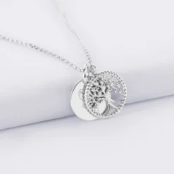 New HappyBulle Pendentif personnalisé médaille gravée argent 15 mm et breloque arbre de vie contour torsadé 16 mm Argent rhodié 925