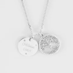 New HappyBulle Pendentif personnalisé médaille gravée argent 15 mm et breloque arbre de vie contour torsadé 16 mm Argent rhodié 925