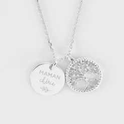 New HappyBulle Pendentif personnalisé médaille gravée argent 15 mm et breloque arbre de vie contour torsadé 16 mm Argent rhodié 925