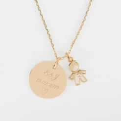 Discount HappyBulle Pendentif personnalisé médaille gravée plaqué or 19 mm et breloque petit garçon zircon 12 mm Plaqué or 18k