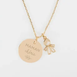 Discount HappyBulle Pendentif personnalisé médaille gravée plaqué or 19 mm et breloque petit garçon zircon 12 mm Plaqué or 18k