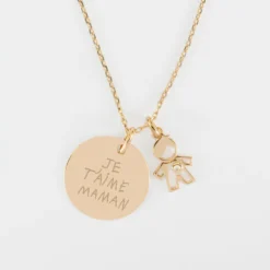Discount HappyBulle Pendentif personnalisé médaille gravée plaqué or 19 mm et breloque petit garçon zircon 12 mm Plaqué or 18k