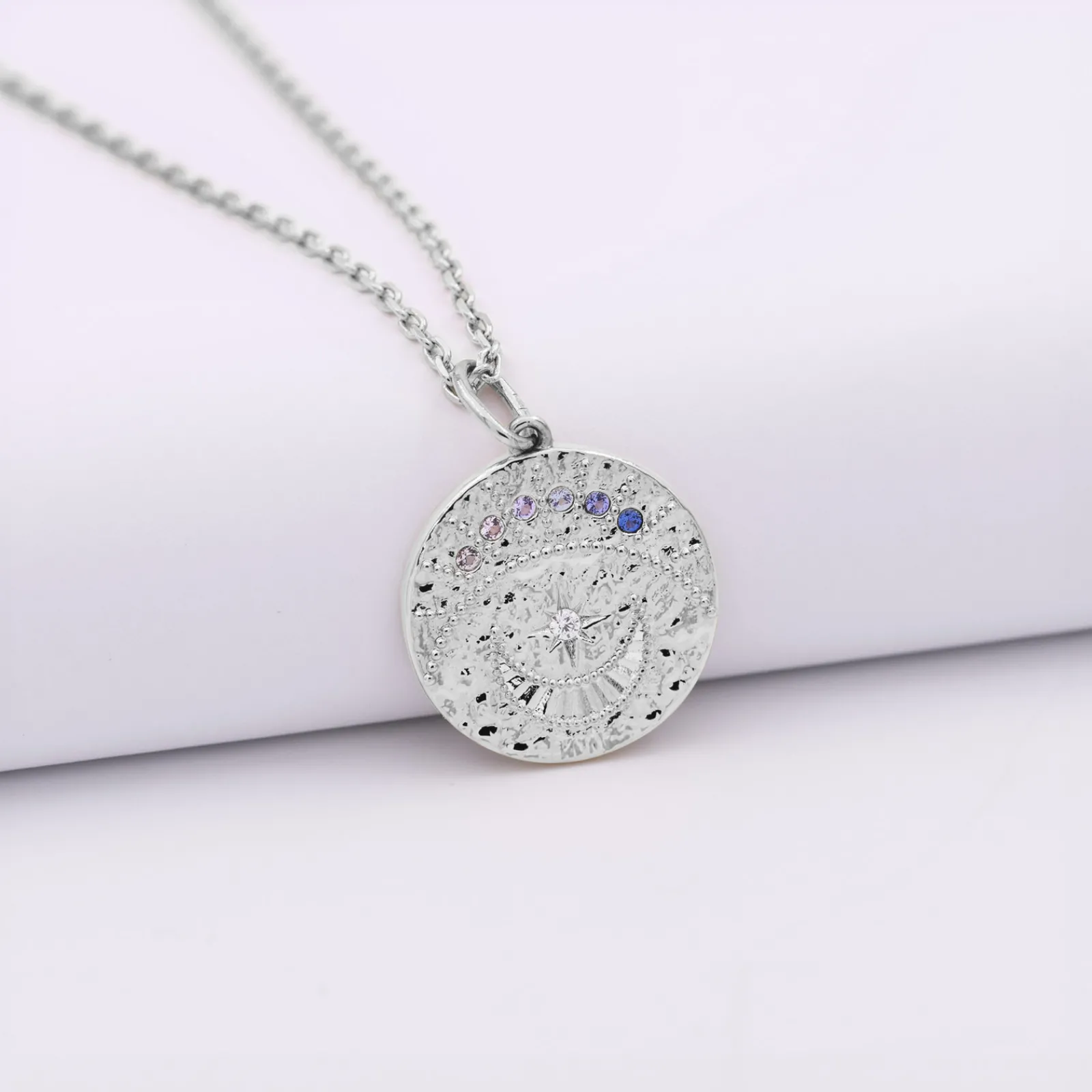 Discount HappyBulle Pendentif personnalisé médaille Lune zircons crépuscule gravée argent 16 mm Argent rhodié 925