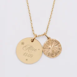 Sale HappyBulle Pendentif personnalisé médaille gravée plaqué or 19 mm et breloque rose des vents texturée 14 mm Plaqué or 18k