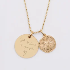 Sale HappyBulle Pendentif personnalisé médaille gravée plaqué or 19 mm et breloque rose des vents texturée 14 mm Plaqué or 18k