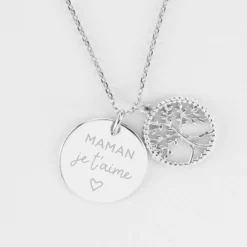 Discount HappyBulle Pendentif personnalisé médaille gravée argent 19 mm et breloque arbre de vie contour torsadé 16 mm Argent rhodié 925