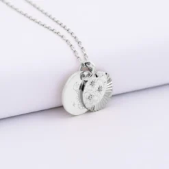 Clearance HappyBulle Pendentif personnalisé médaille gravée argent 15 mm et breloque Lune trio zircons 14 mm Argent rhodié 925