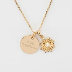 Hot HappyBulle Pendentif personnalisé médaille gravée plaqué or 15 mm et breloque scintillante 13 mm Marguerite