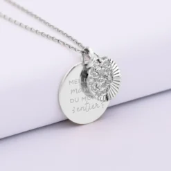 Online HappyBulle Pendentif personnalisé médaille gravée argent 19 mm et breloque Lune trio zircons 14 mm Argent rhodié 925