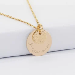 New HappyBulle Pendentif réversible personnalisé double médailles martelées gravées plaqué or 10 mm et 19 mm Plaqué or 18k