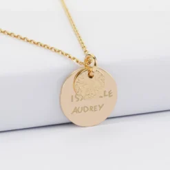New HappyBulle Pendentif réversible personnalisé double médailles martelées gravées plaqué or 10 mm et 19 mm Plaqué or 18k