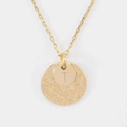 New HappyBulle Pendentif réversible personnalisé double médailles martelées gravées plaqué or 10 mm et 19 mm Plaqué or 18k