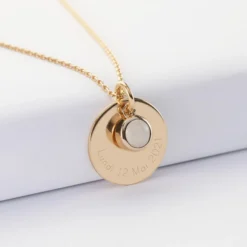 Clearance HappyBulle Pendentif réversible personnalisé médaille gravée plaqué or 19 mm et breloque pierre naturelle 8 mm Plaqué or 18k