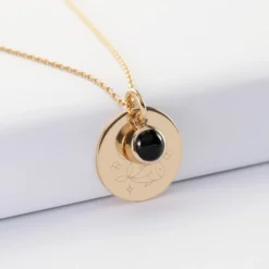 Clearance HappyBulle Pendentif réversible personnalisé médaille gravée plaqué or 19 mm et breloque pierre naturelle 8 mm Plaqué or 18k