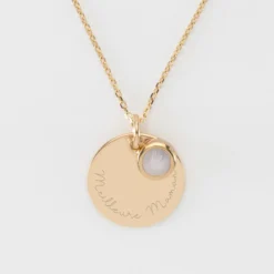 Clearance HappyBulle Pendentif réversible personnalisé médaille gravée plaqué or 19 mm et breloque pierre naturelle 8 mm Plaqué or 18k
