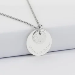 Best HappyBulle Pendentif réversible personnalisé double médailles martelées gravées argent 10 mm et 19 mm Argent rhodié 925