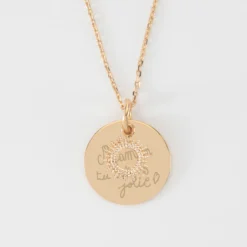 Sale HappyBulle Pendentif réversible personnalisé médaille gravée plaqué or 19 mm et breloque soleil 10 mm Plaqué or 18k