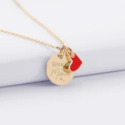 New HappyBulle Pendentif Témoin personnalisé médaille gravée plaqué or 15 mm et breloque coeur email 10 mm Plaqué or 18k