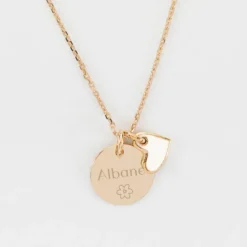 New HappyBulle Pendentif Témoin personnalisé médaille gravée plaqué or 15 mm et breloque coeur email 10 mm Plaqué or 18k