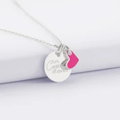 Sale HappyBulle Pendentif Témoin personnalisé médaille gravée argent 15 mm et breloque coeur email 10 mm Argent rhodié 925