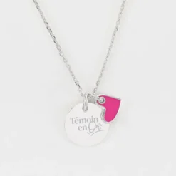 Sale HappyBulle Pendentif Témoin personnalisé médaille gravée argent 15 mm et breloque coeur email 10 mm Argent rhodié 925