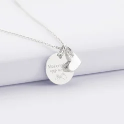 Sale HappyBulle Pendentif Témoin personnalisé médaille gravée argent 15 mm et breloque coeur email 10 mm Argent rhodié 925