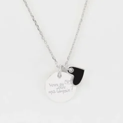 Sale HappyBulle Pendentif Témoin personnalisé médaille gravée argent 15 mm et breloque coeur email 10 mm Argent rhodié 925