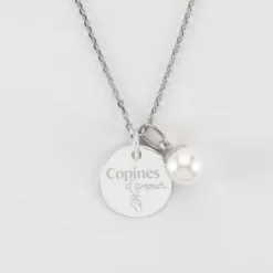 Hot HappyBulle Pendentif Témoin personnalisé médaille gravée argent 15 mm et breloque perle nacre 10 mm