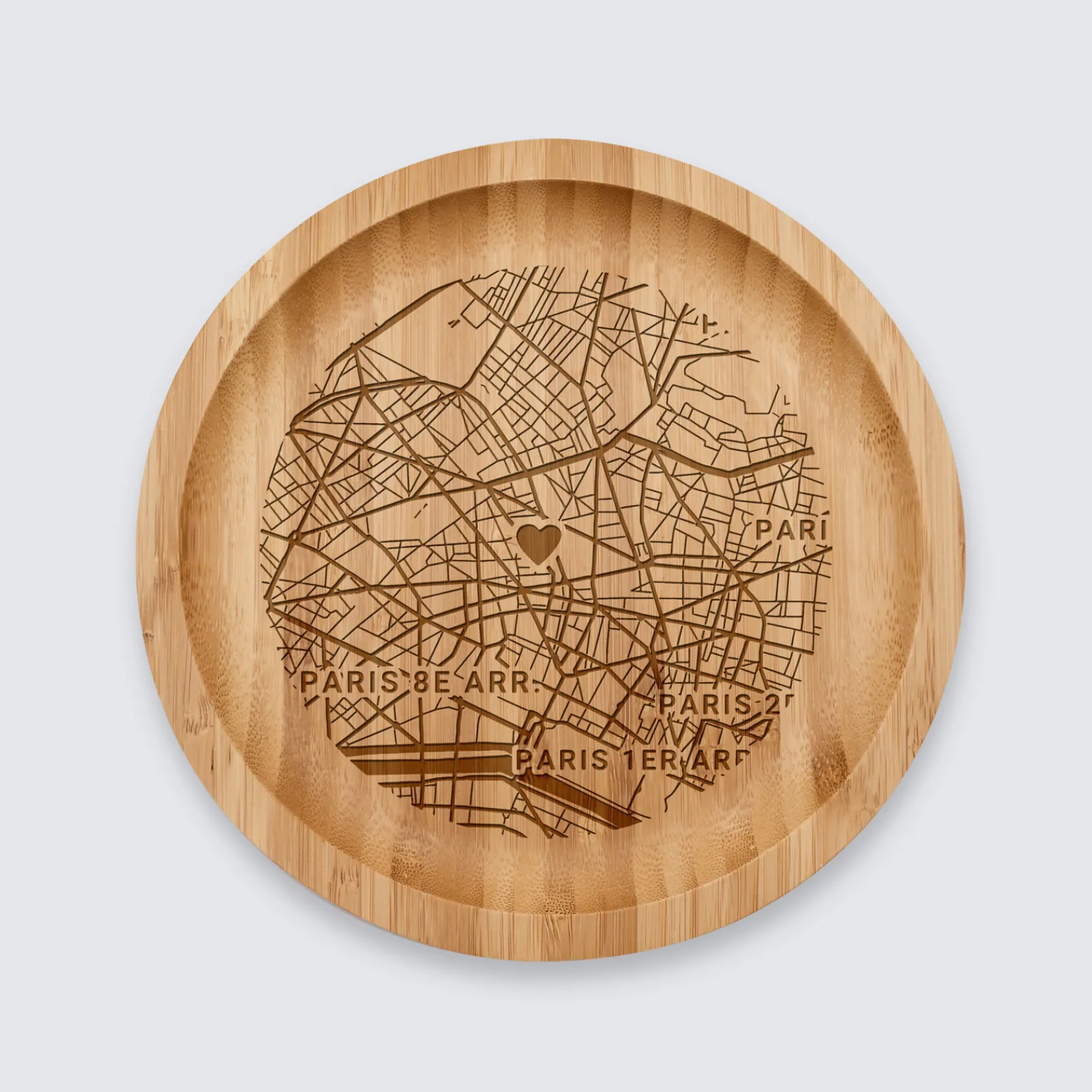 Outlet HappyBulle Plateau rond "Géo map" personnalisé bois gravé 20x20 cm